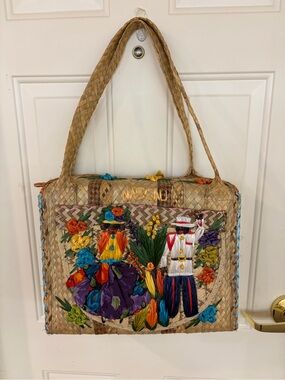 Nassau Handwoven Natural Straw Tote with Colorful Embroidered Folk Design